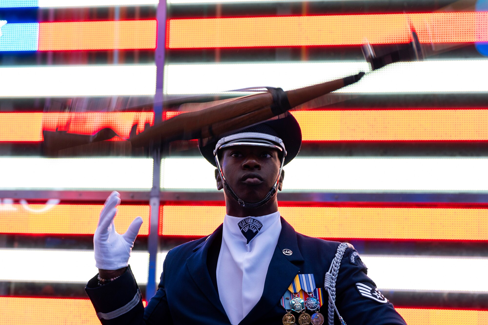 Staff Sgt. Marcus Hardy, U.S. Air Force Honor Guard drill team member, warms up