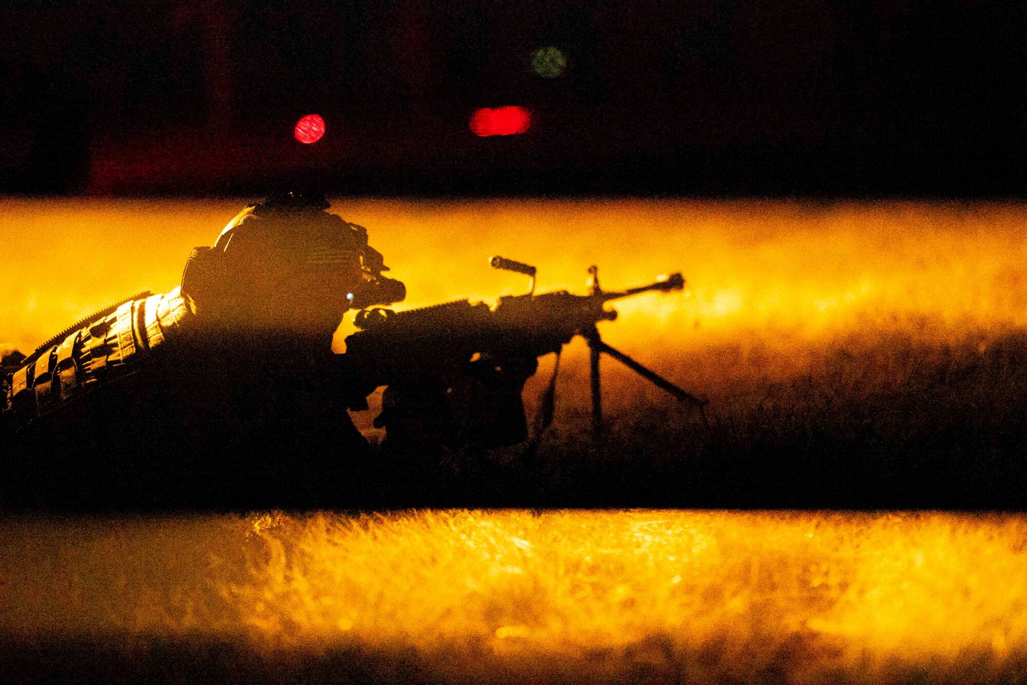 A member of the 27th Special Operations Mission Support Group Mission Sustainment Team 1 aims their weapon