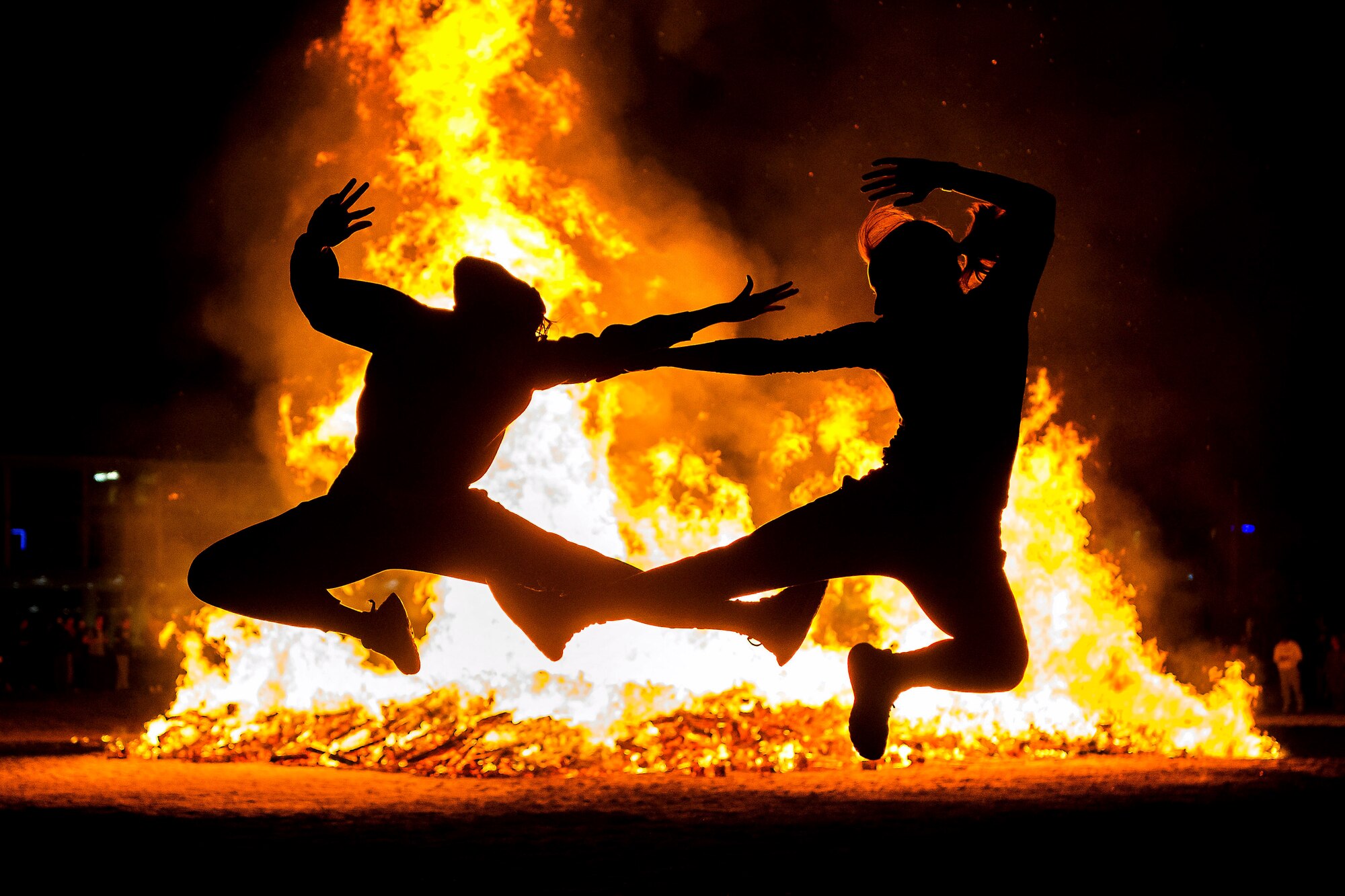 U.S. Air Force Academy cadets participate in a spirit-rally bonfire
