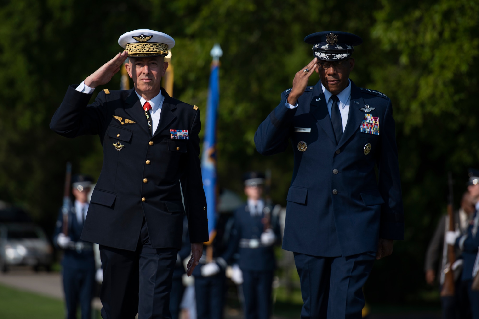 French Air and Space Force Chief of Staff General Philippe Lavigne and U.S. Air Force Chief of Staff Gen. CQ Brown, Jr. walk through the honor guard corridor