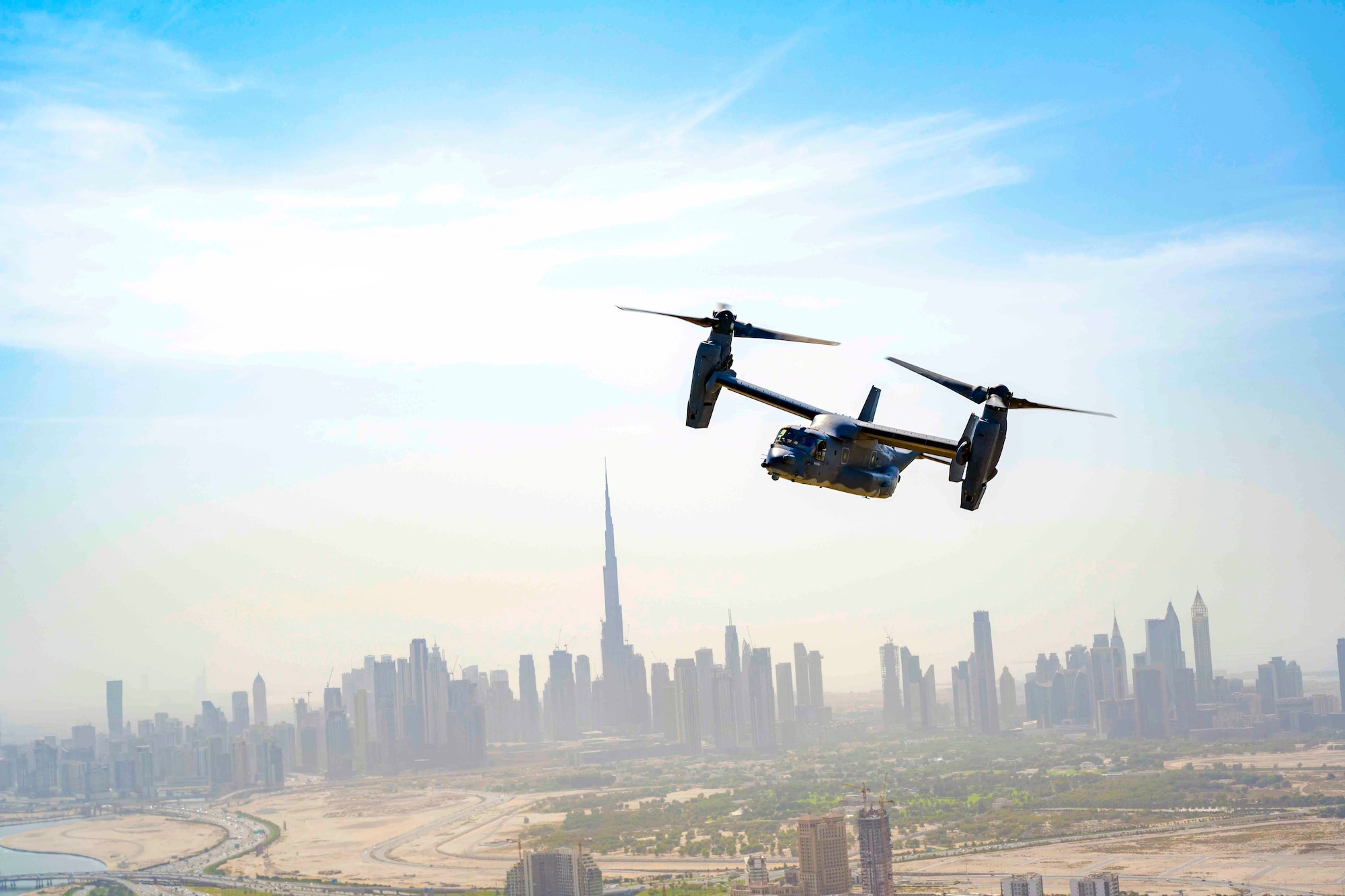 A U.S. Air Force CV-22 Osprey assigned to the 8th Expeditionary Special Operations Squadron takes part in a photo chase mission