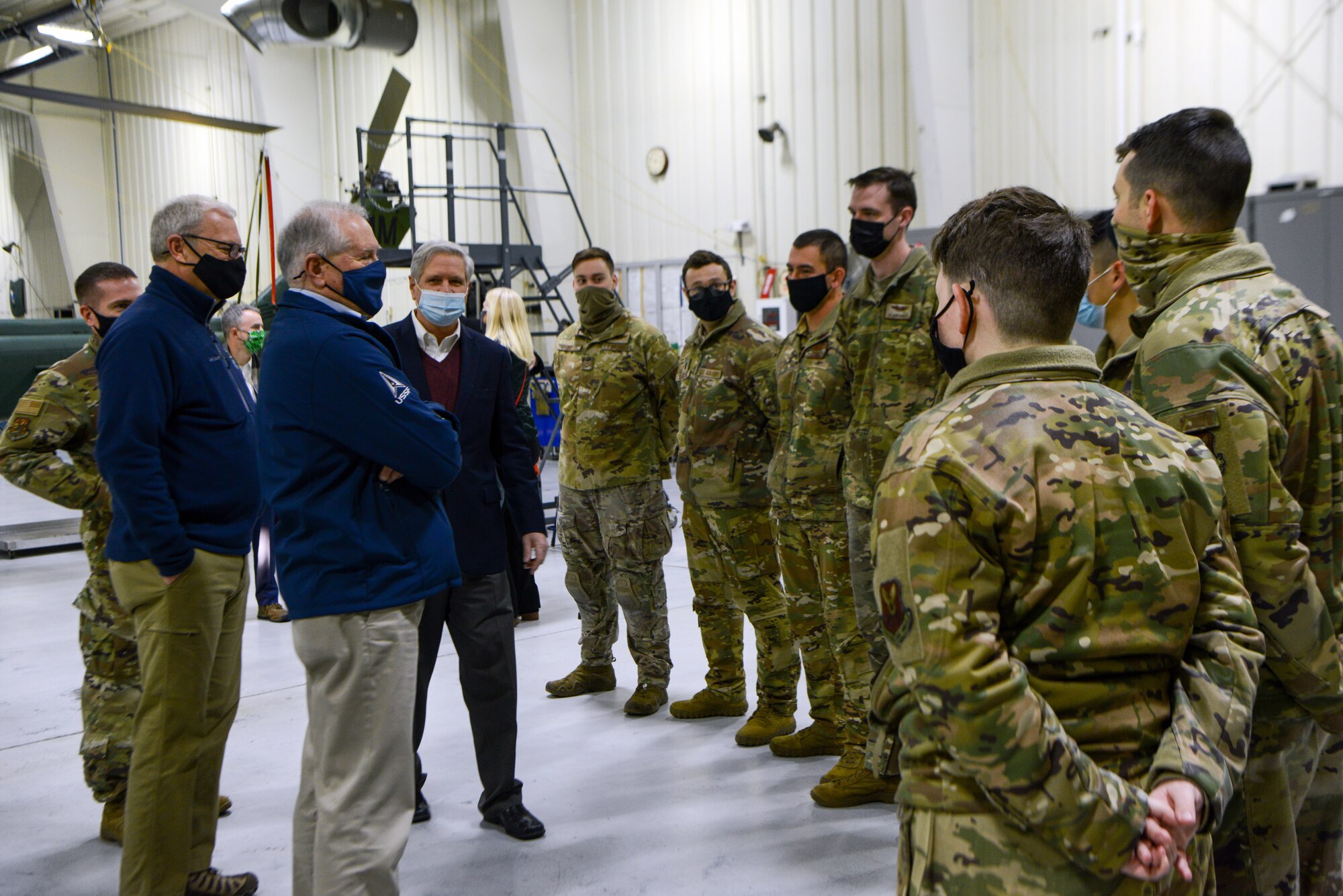 Secretary of the Air Force Frank Kendall and North Dakota senators Kevin Cramer and John Hoeven meet with the Airmen of the 54th Helicopter Squadron