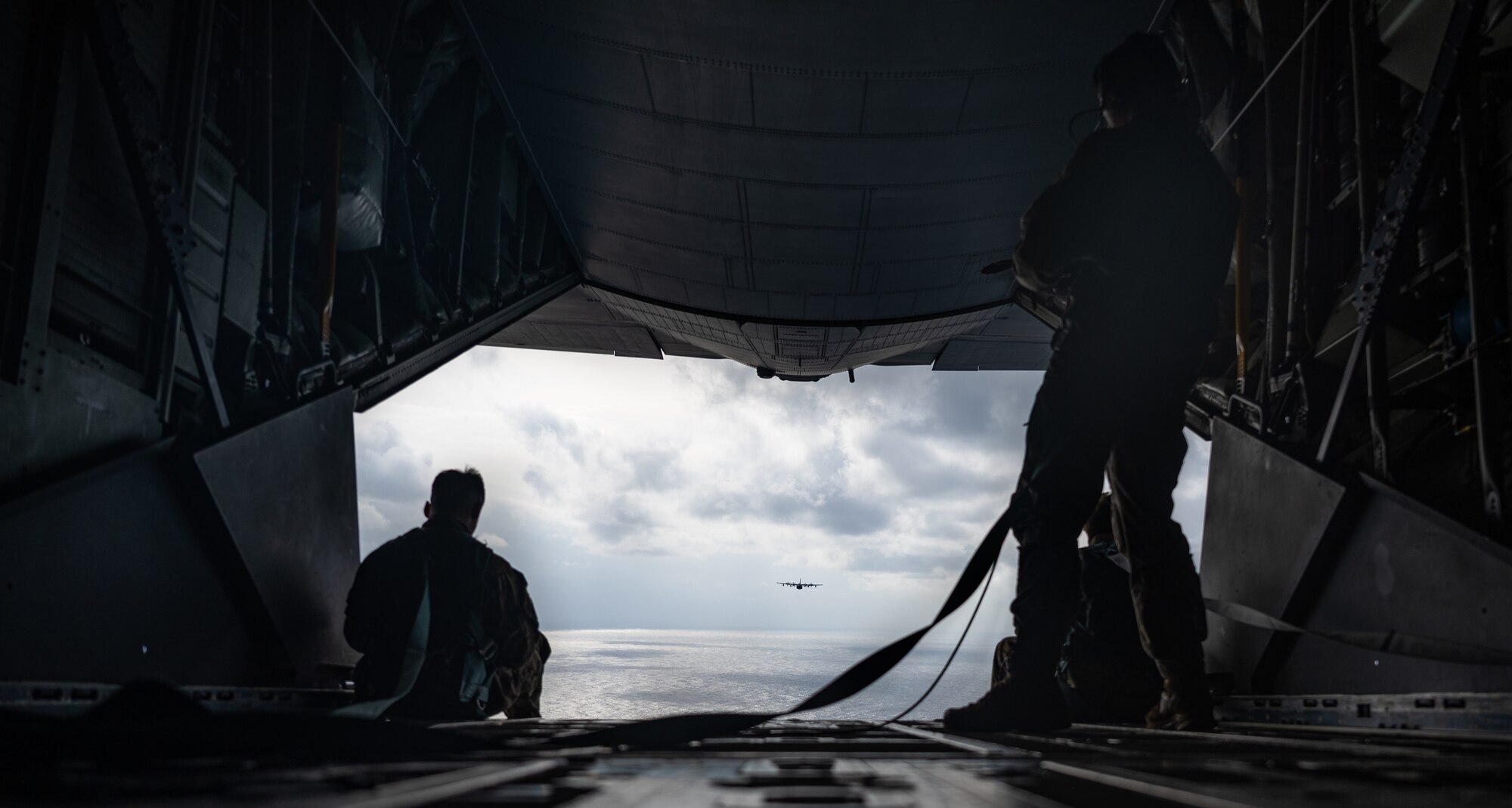 Planes fly off the coast of Okinawa, Japan.