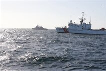 U.S. Coast Guard Cutter Thetis (WMEC 910) and the Moroccan Coast Guard conduct rescue operations of two migrant rafts in the Atlantic Ocean, Jan. 5, 2021.