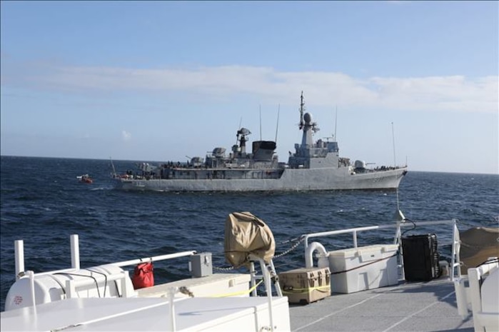 A Migrant raft spotted by U.S. Coast Guard Cutters Thetis (WMEC 910), Emlen Tunnell (WPC 1145), Glen Harris (WPC 1144), and the Moroccan Coast Guard during a rescue operation in the Atlantic Ocean, Jan. 5, 2021.