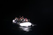 A Migrant raft spotted by U.S. Coast Guard Cutters Thetis (WMEC 910), Emlen Tunnell (WPC 1145), Glen Harris (WPC 1144), and the Moroccan Coast Guard during a rescue operation in the Atlantic Ocean, Jan. 5, 2021.