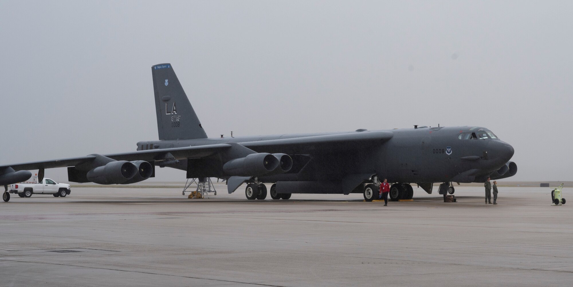A B-52 from the 2nd Bomb Wing out of Barksdale Air Force Base, La., arrived at Wright-Patterson AFB Dec. 16, 2021, for an event with the B-52 Program Office. (U.S. Air Force photo by Jim Varhegyi)