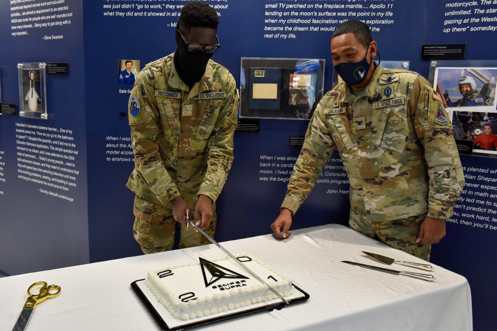 Hutchins cut the cake to uphold the tradition of having the youngest service member on the installation do the honors for the service's birthday. (U.S. Space Force photo by Airman 1st Class Wyatt Stabler)