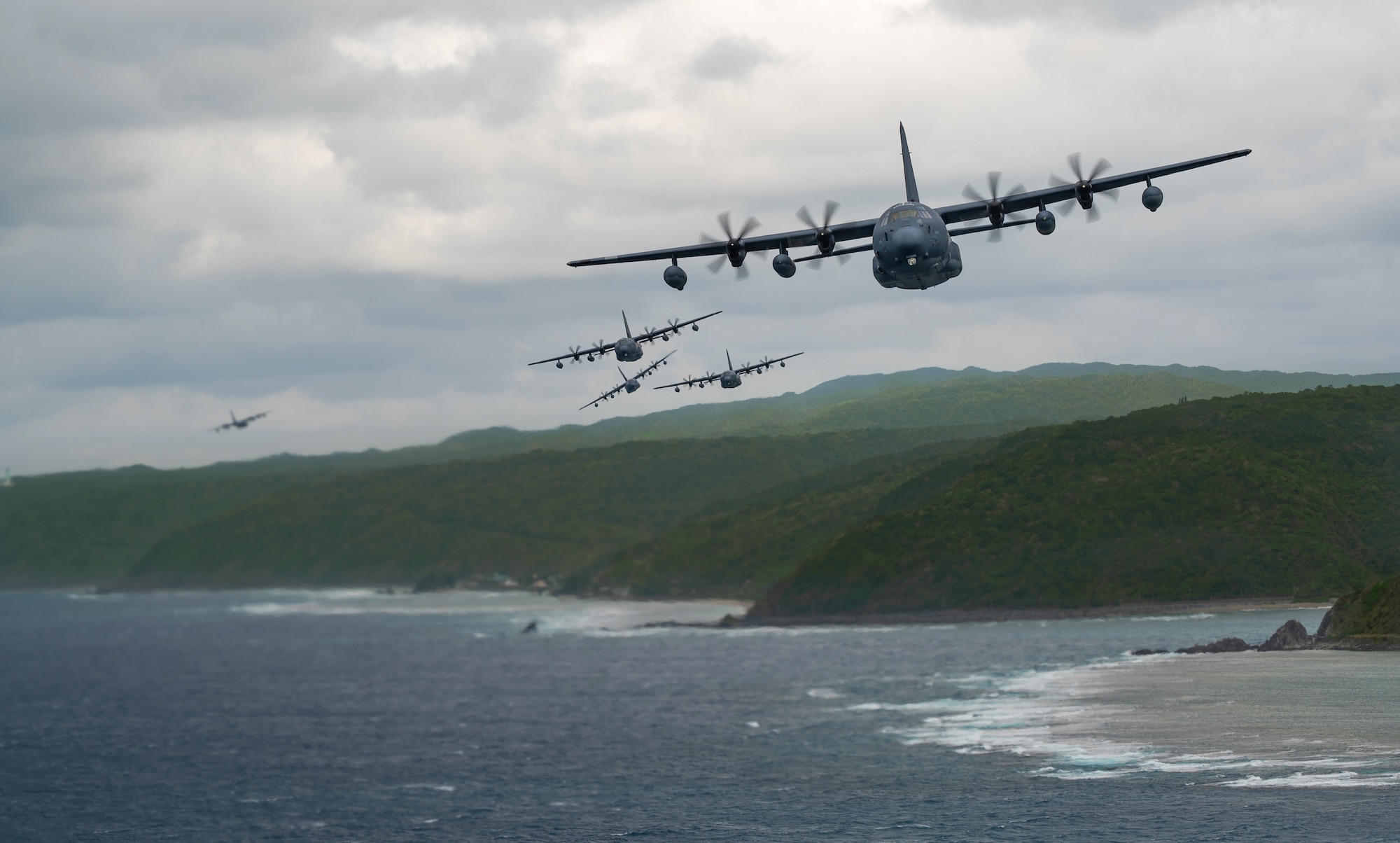 Planes fly off the coast of Okinawa, Japan.