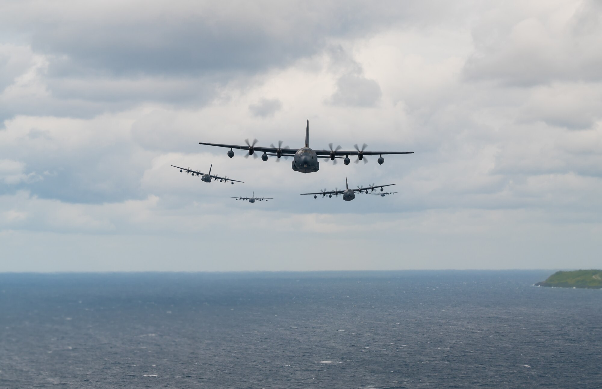 Planes fly off the coast of Okinawa, Japan.