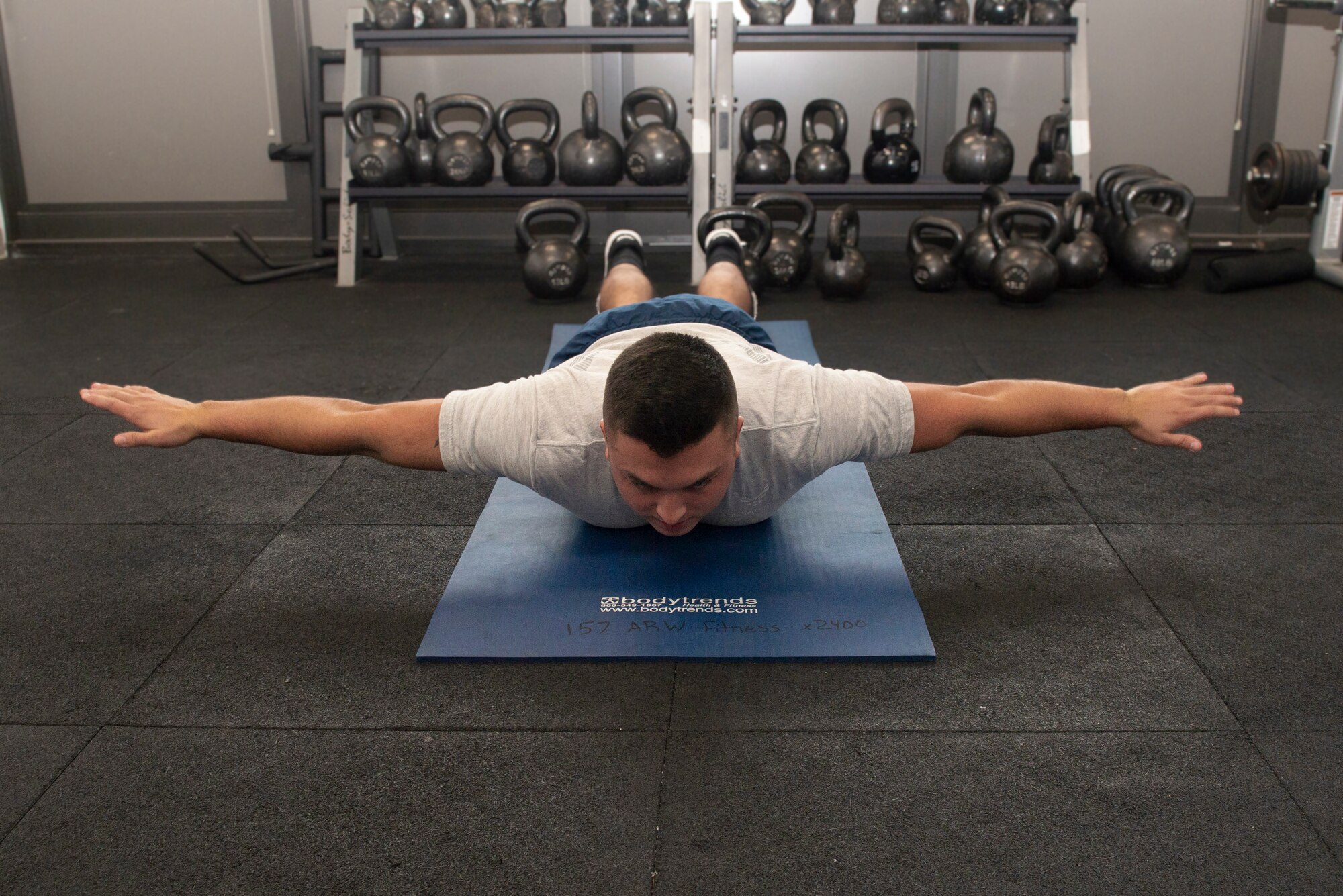 Staff Sgt. Nicholas Reynolds, a recruiter with the 157th Force Support Squadron, completes the newest exercise additions to the Air Force PT assessment.