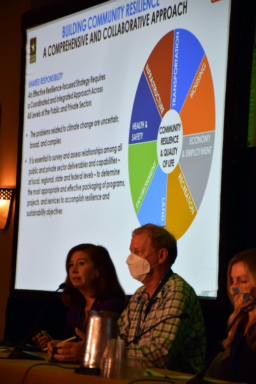 Eva Velez (left), the chief of the Ecosystem Branch of the U.S. Army Corps of Engineers Jacksonville District, prepares to speak during a panel discussion at the 37th Everglades Coalition Conference Jan. 7. Velez was joined at the table by Dr. Tom Van Lent (center), the senior scientist of the Everglades Foundation, and Eve Samples (right), the executive director Friends of the Everglades. The panel discussed the importance of water management across the entire Central and South Florida system, and particularly the efforts to produce a new Lake Okeechobee System Operating Manual that will provide significant improvements for stakeholders over the current Lake Okeechobee Regulation Schedule that was written in 2008.