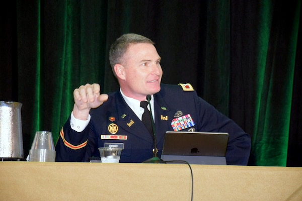 Col. James Booth, U.S. Army Corps of Engineers Jacksonville District commander, speaks during at an Everglades Coalition Conference plenary session discussing federal policy and funding for Everglades restoration projects. The discussion held Jan. 8 provided an opportunity for Booth to highlight some of the momentum Everglades restoration has enjoyed recently, including two ribbon cutting ceremonies recognizing completed projects and a groundbreaking ceremony scheduled in February 2022.