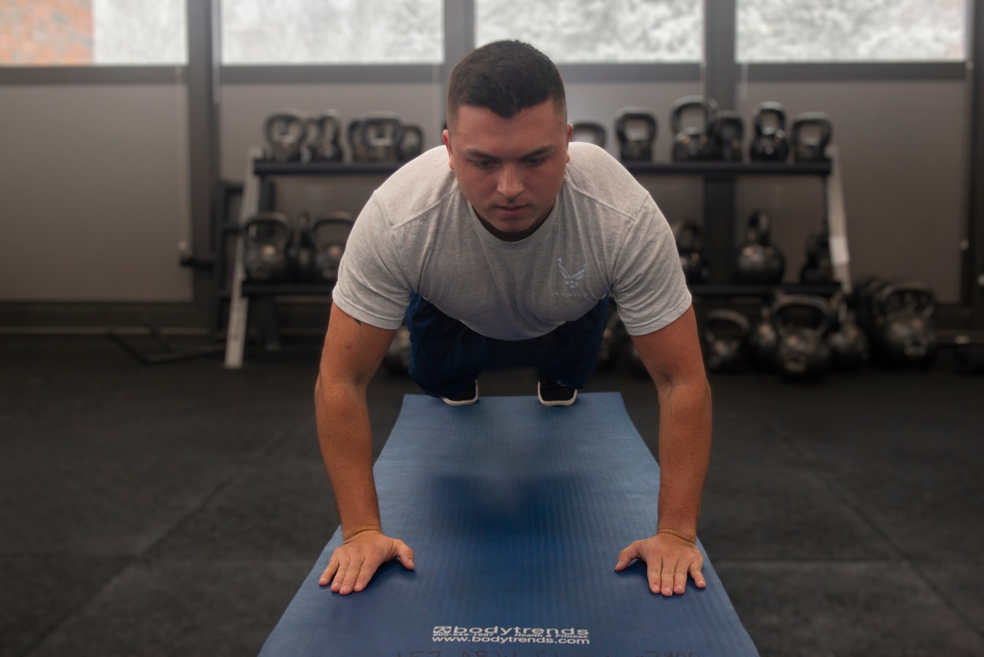 Staff Sgt. Nicholas Reynolds, a recruiter with the 157th Force Support Squadron, completes the newest exercise additions to the Air Force PT assessment