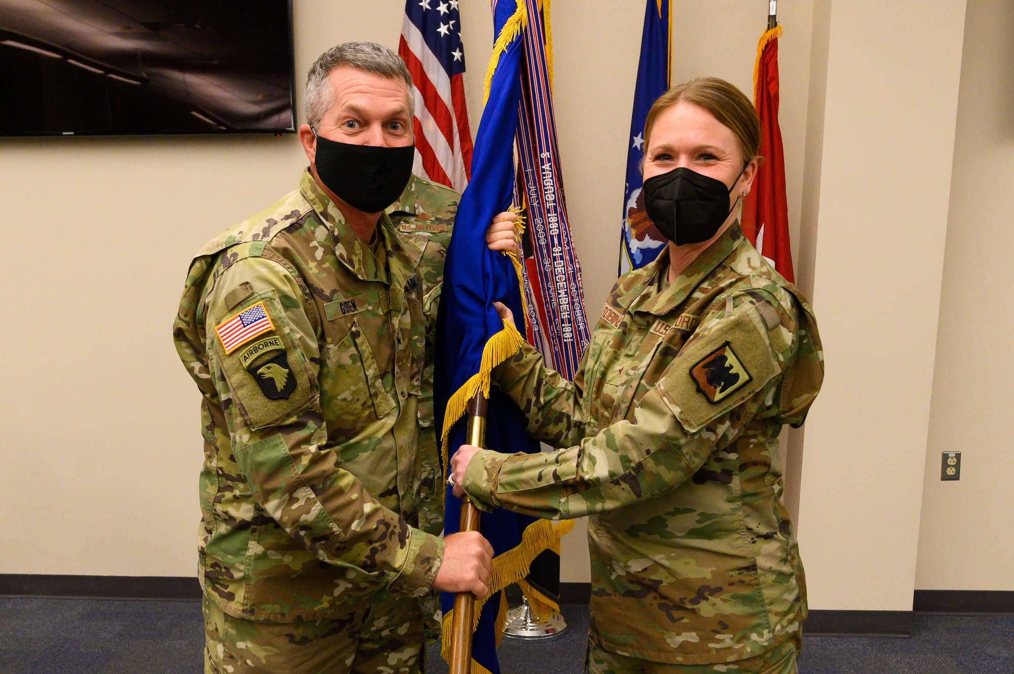 Force Brig. Gen. Jori A. Robinson, the incoming commander of the 175th Wing, during a change of command ceremony on Jan. 7, 2022, at Warfield Air National Guard Base at Martin State Airport, Middle River, Maryland. Members of the Maryland National Guard gathered for the socially distanced ceremony to bid farewell to Johnson, the outgoing commander and welcomed U.S. Air Force Brig. Gen. Jori A. Robinson.