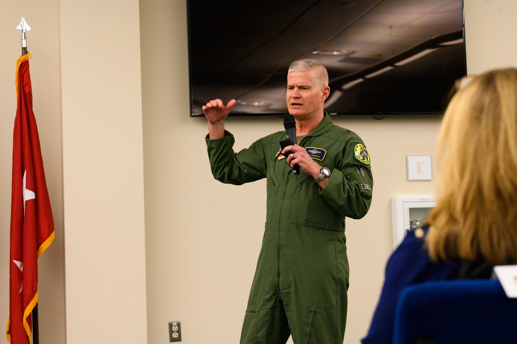 U.S. Air Force Brig. Gen. Paul D. Johnson, the commander of the 175th Wing, delivers a speech during a change of command ceremony on Jan. 7, 2022, at Warfield Air National Guard Base at Martin State Airport, Middle River, Maryland. Members of the Maryland National Guard gathered for the socially distanced ceremony to bid farewell to Johnson, the outgoing commander and welcomed U.S. Air Force Brig. Gen. Jori A. Robinson.