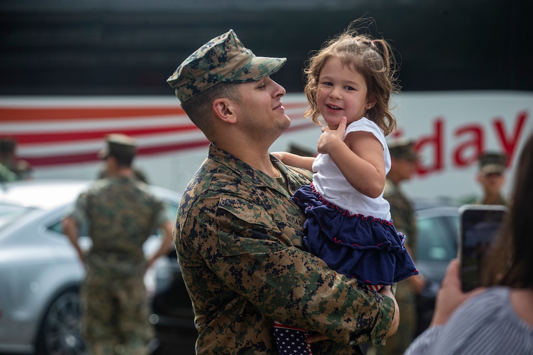 Marines with 24th Marine Expeditionary Unit (MEU) are greeted by loved ones during a homecoming event at Marine Corps Base Camp Lejeune, N.C. Oct. 6, 2021. The 24th MEU completed a seven month deployment of supporting crisis response and security operations in the U.S. 5th and 6th Fleet areas of operation. (U.S. Marine Corps photo by Lance Cpl. Nicholas Guevara)