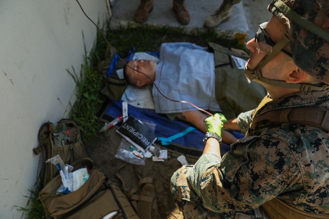 U.S Navy Corpsmen from 1st Marine Division host a Valkyrie Emergency Whole Blood Transfusion Training Program on Marine Corps Base Camp Pendleton, California, Feb. 12, 2020. The Valkyrie program is designed to place whole blood transfusion capability into the hands of medical responders in the forward edge of the battlefield. Medical providers from a wide variety of commands participated including 3rd Marine Division, Naval Special Warfare, Naval Hospital Camp Pendleton, and 1st Marine Logistics Group. (U.S. Marine Corps photo by Cpl. Sabrina Candiaflores)