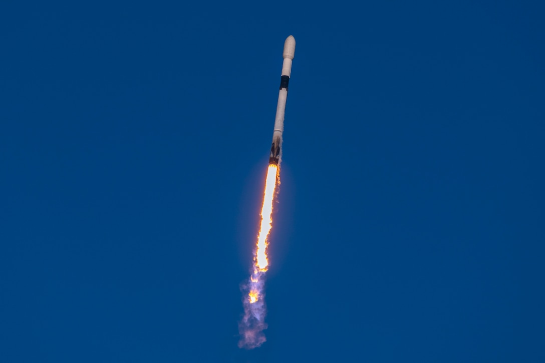 A rocket launches into orbit.