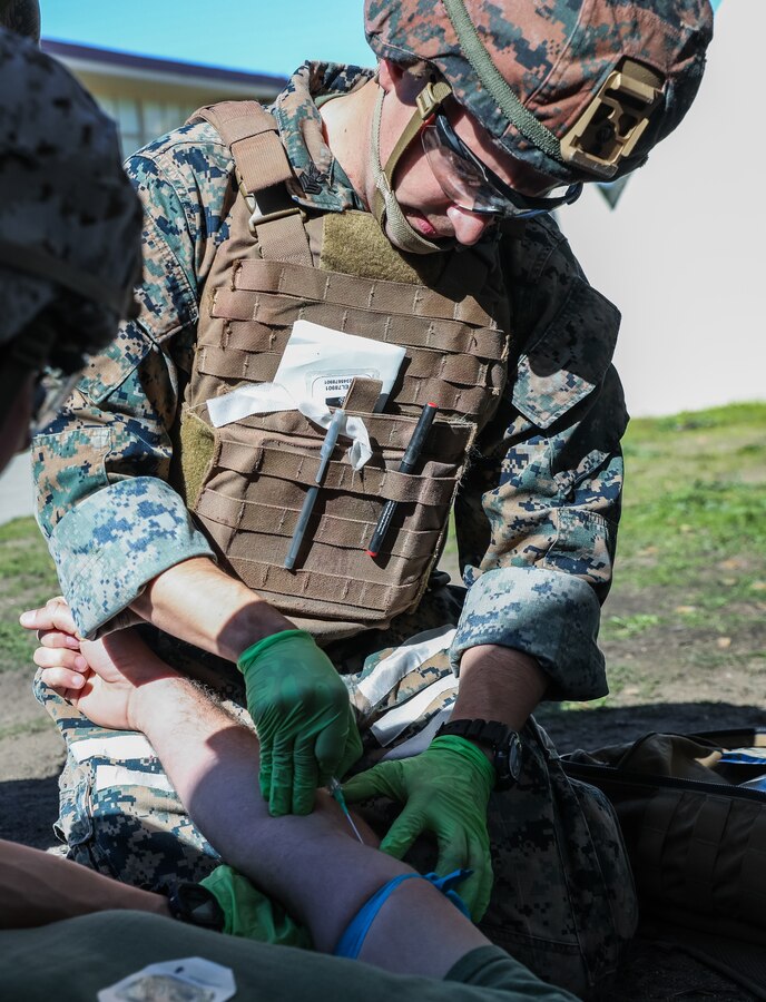 U.S Navy Corpsmen from 1st Marine Division host a Valkyrie Emergency Whole Blood Transfusion Training Program on Marine Corps Base Camp Pendleton, California, Feb. 12, 2020. The Valkyrie program is designed to place whole blood transfusion capability into the hands of medical responders in the forward edge of the battlefield. Medical providers from a wide variety of commands participated including 3rd Marine Division, Naval Special Warfare, Naval Hospital Camp Pendleton, and 1st Marine Logistics Group. (U.S. Marine Corps photo by Cpl. Sabrina Candiaflores)