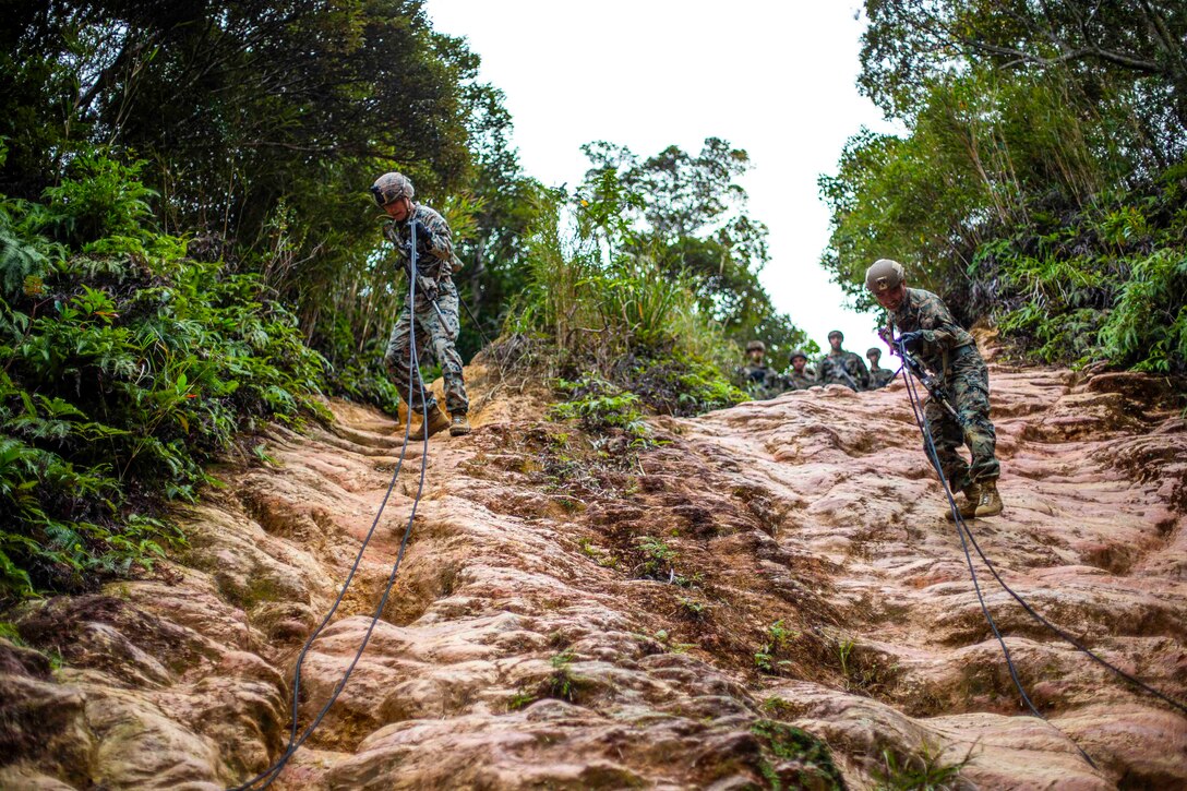 Two Marines rappel down a cliff as others stand behind watching.