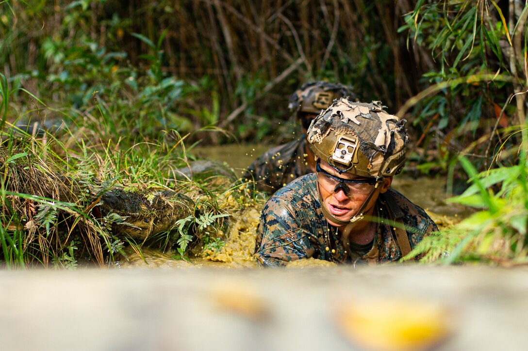 U.S. Marines with 3d Marine Division conduct the endurance course during the 3d Marine Division Squad Competition at the Jungle Warfare Training Center on Camp Gonsalves, Okinawa, Japan, Jan. 7, 2022. The week-long competition tests jungle survival skills, basic infantry tactics, and excellence in weapons handling. The competition participants are forward-deployed in the Indo-Pacific under 4th Marines, 3d Marine Division, as a part of the Unit Deployment Program. (U.S. Marine Corps photo by Lance Cpl. Jonathan Willcox)
