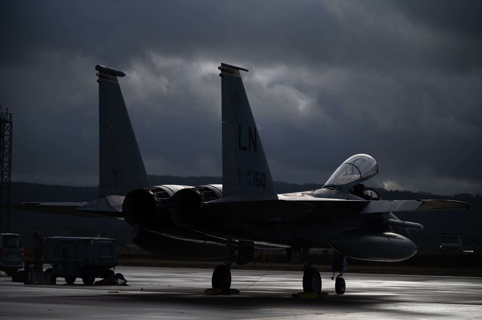 Aircraft sits on flightline.