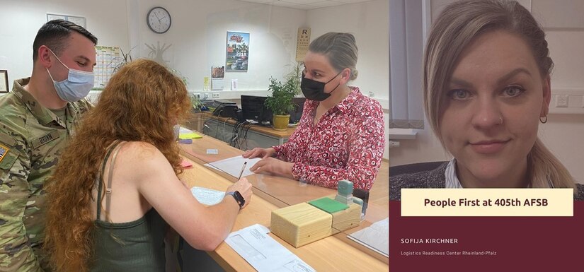 Sofija Kirchner, the lead training instructor at the Logistics Readiness Center Rheinland-Pfalz Drivers Testing and Training Station on Kleber Kaserne, assists an Army family with their U.S. Army Europe driver’s license needs. Kirchner said the Drivers Testing and Training Station issues licenses and does renewals and reinstatements. It also helps people when their licenses are lost or stolen. (Photo by Cameron Porter)