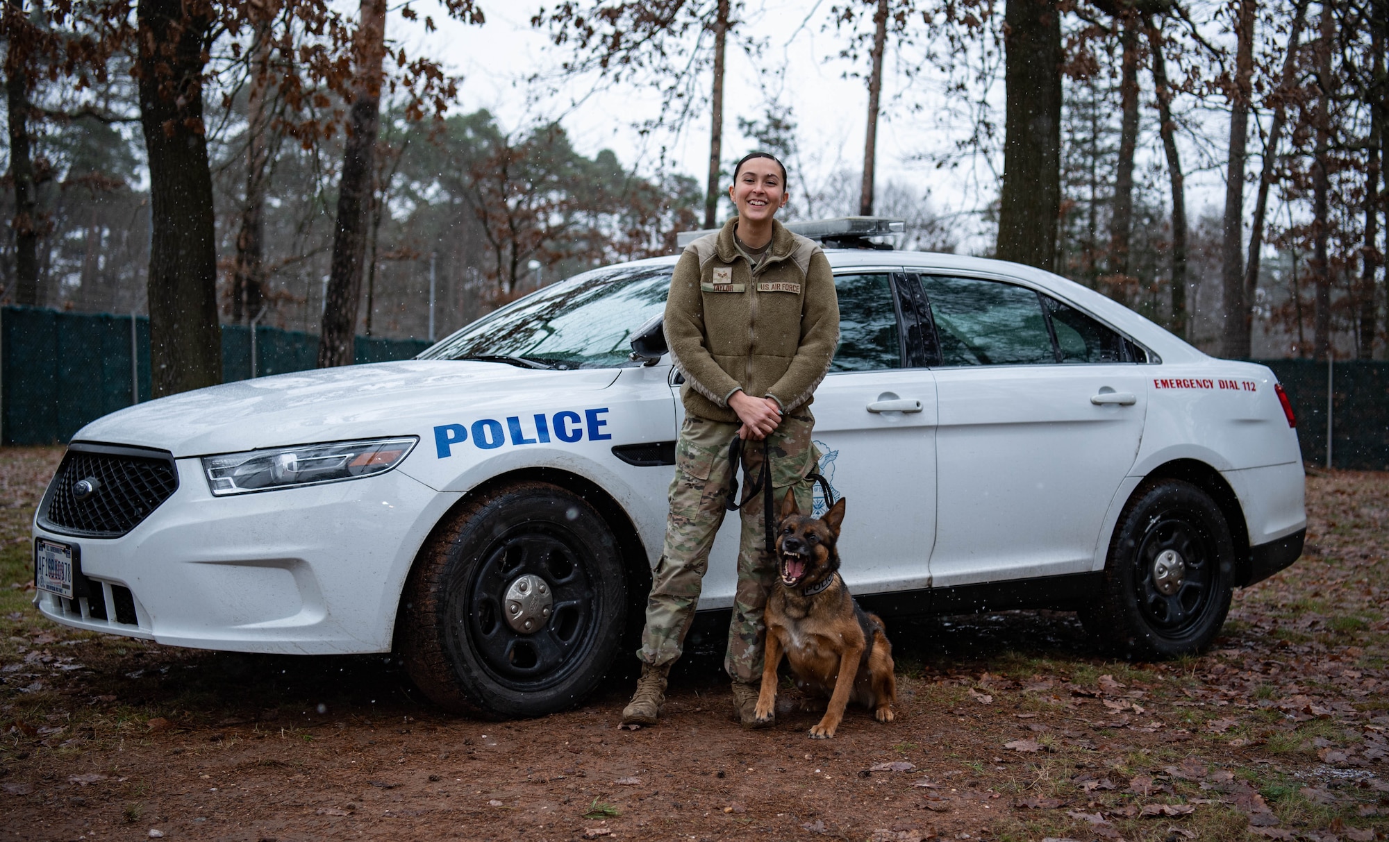 U.S. Air Force Senior Airman Hannah Taylor, 86th Security Forces Squadron military working dog handler poses for a photo at Ramstein Air Base, Germany, Dec. 10, 2021. The 569th United States Forces Police Squadron is a U.S. Military Law Enforcement Unit that serves and protects the Kaiserslautern Military Community. (U.S. Air Force photo by Airman Jared Lovett)