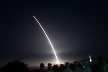An Air Force Global Strike Command unarmed Minuteman III intercontinental ballistic missile launches during an operational test at 12:53 a.m Pacific Time (Wednesday, August, 11, 1992), at Vandenberg Space Force Base, Calif. ICBM test launches demonstrate that the U.S. ICBM fleet is relevant, essential and key to leveraging dominance in an era of Strategic Competition. (U.S. Air Force photo by Airman First Class Tiarra Sibley)