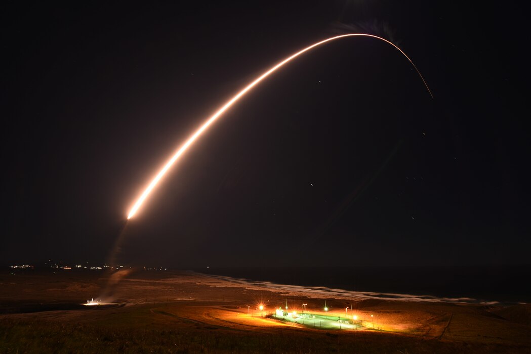 An Air Force Global Strike Command unarmed Minuteman III intercontinental ballistic missile launches during an operation test at 11:49 p.m. PT Feb. 23, 2021, at Vandenberg Air Force Base, Calif. ICBM test launches demonstrate the U.S. nuclear enterprise is safe, secure, effective and ready to defend the United States and its allies. ICBMs provide the U.S. and its allies the necessary deterrent capability to maintain freedom to operate and navigate globally in accordance with international laws and norms. (U.S. Space Force photo by Chris Okula)