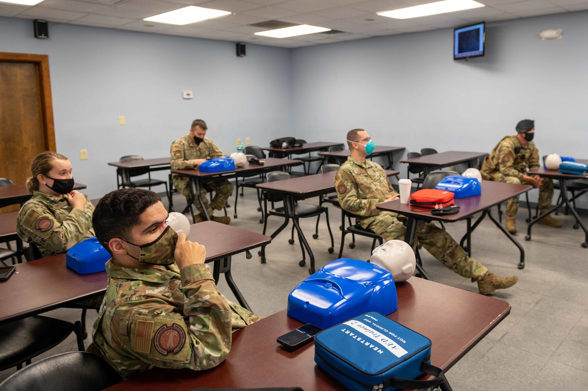 Members of the 4th Security Forces Squadron attend a CPR certification class at Seymour Johnson Air Force Base, North Carolina, Nov. 9, 2021. A total of six airmen attended the course. (U.S. Air Force photo by Airmen 1st Class Sabrina Fuller)