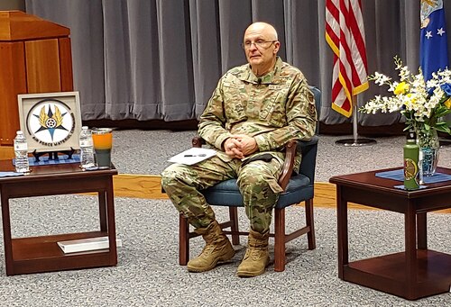 Gen. Arnold W. Bunch, Jr., commander of Air Force Materiel Command, awaits his next question during the AFMC town hall, Jan. 7, 2022. More than 200 questions were fielded during the live event, with a large number focused on the current efforts related to the coronavirus pandemic and vaccinations. (U.S. Air Force photo by Jerry Bynum)