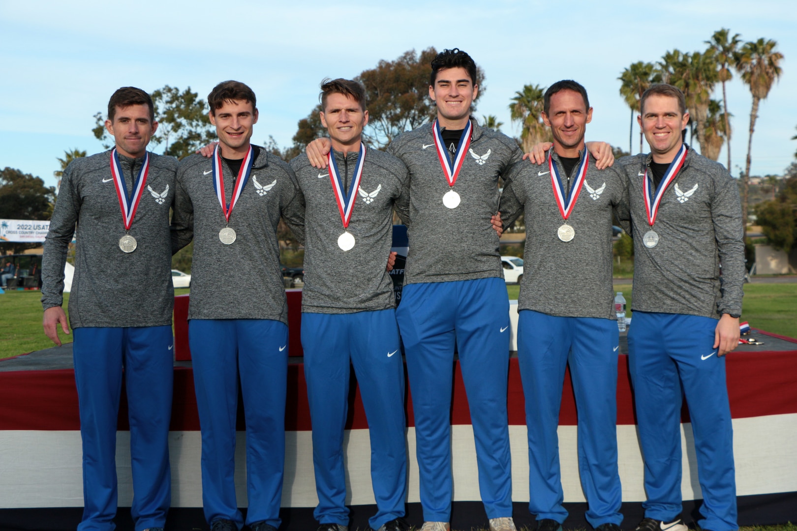 Air Force Men capture team silver during the 2022 Armed Forces Cross Country Championship held in conjunction with the USA Track and Field National Cross Country Championship at Mission Bay Park in San Diego, Calif. on January 8th.  Runners from the Marine Corps, Navy (with Coast Guard) and Air Force compete for gold.  (Department of Defense Photo - Released)