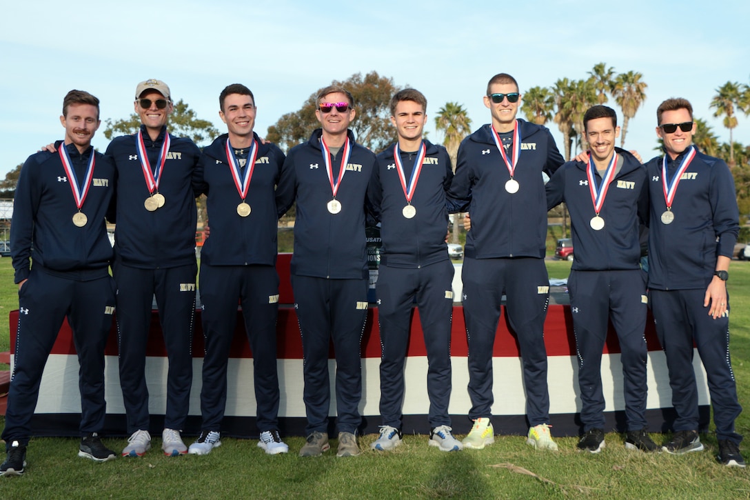 Navy Men win team gold at the 2022 Armed Forces Cross Country Championship held in conjunction with the USA Track and Field National Cross Country Championship at Mission Bay Park in San Diego, Calif. on January 8th.  Runners from the Marine Corps, Navy (with Coast Guard) and Air Force compete for gold.  (Department of Defense Photo - Released)