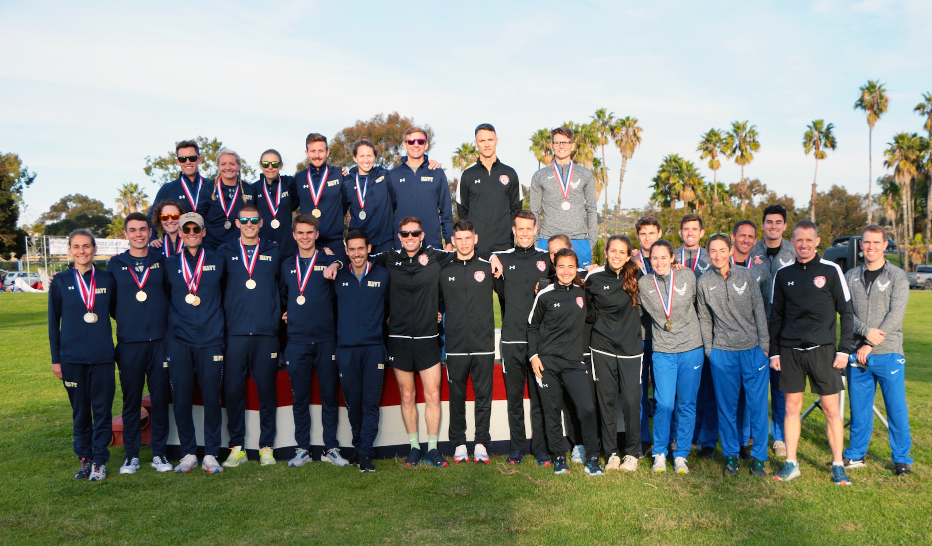 Teams from Navy, Marine Corps and Air Force at the 2022 Armed Forces Cross Country Championship held in conjunction with the USA Track and Field National Cross Country Championship at Mission Bay Park in San Diego, Calif. on January 8th.  Runners from the Marine Corps, Navy (with Coast Guard) and Air Force compete for gold.  (Department of Defense Photo - Released)