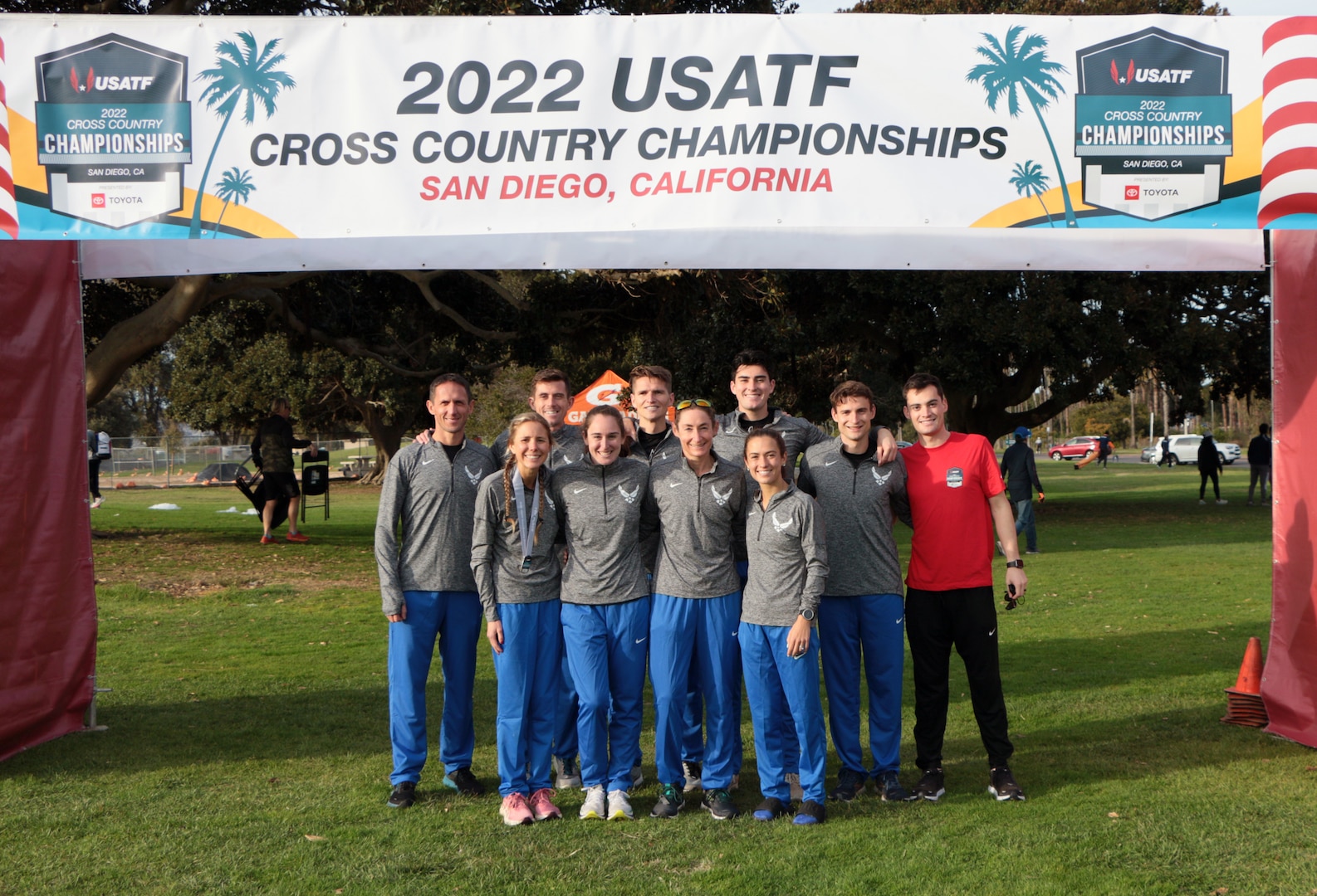 Team Air Force at the 2022 Armed Forces Cross Country Championship held in conjunction with the USA Track and Field National Cross Country Championship at Mission Bay Park in San Diego, Calif. on January 8th.  Runners from the Marine Corps, Navy (with Coast Guard) and Air Force compete for gold.  (Department of Defense Photo - Released)