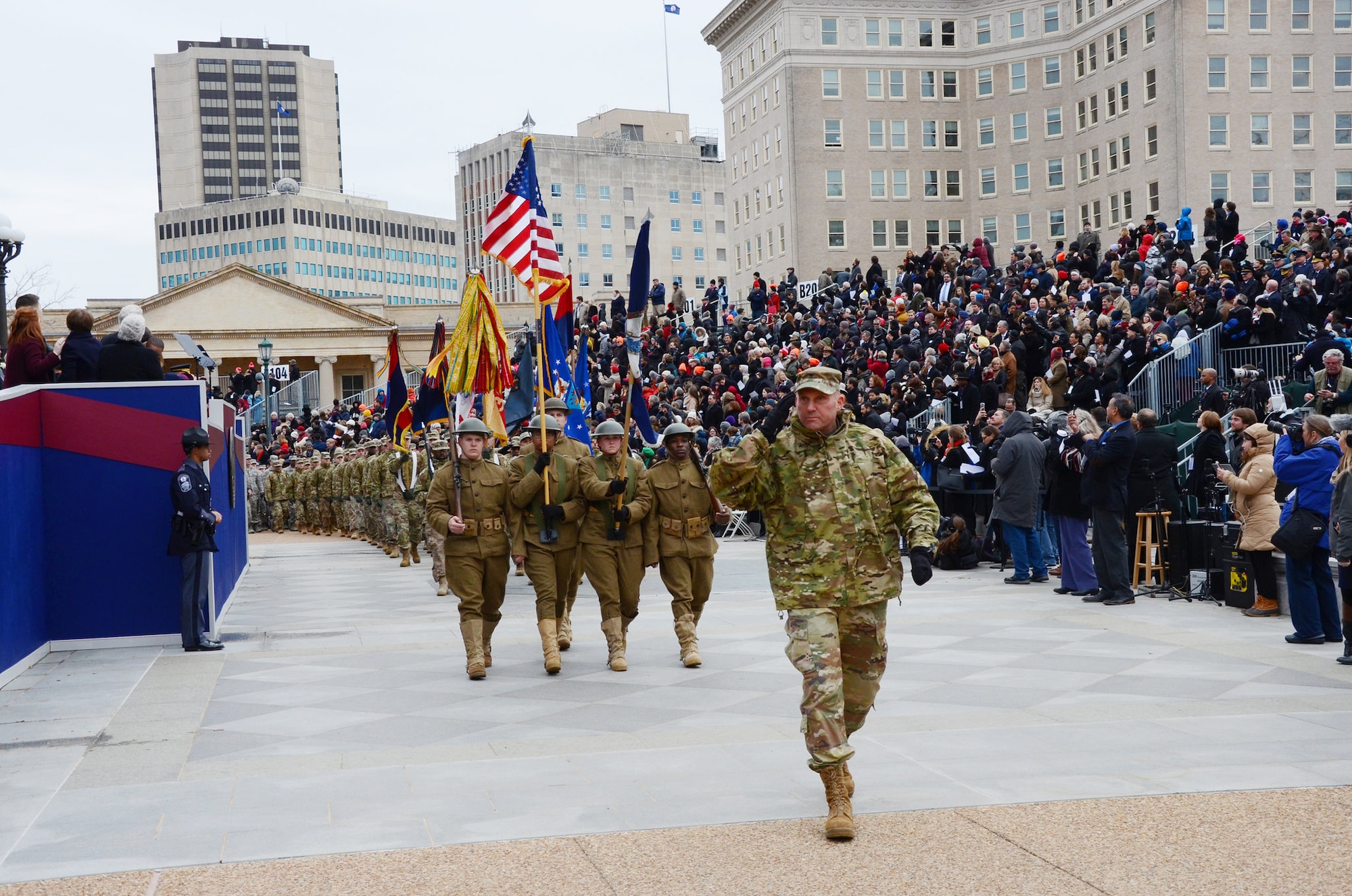Virginia National Guard Soldiers and Airmen lead the parade at the inauguration of Dr. Ralph Northam as the 73rd governor of Virginia Jan. 13, 2018, in Richmond, Virginia. More than 200 Virginia National Guard and Virginia Defense Force personnel will support the inauguration of Glenn Youngkin as the 74th governor of Virginia in the state capital Jan. 15, 2022.