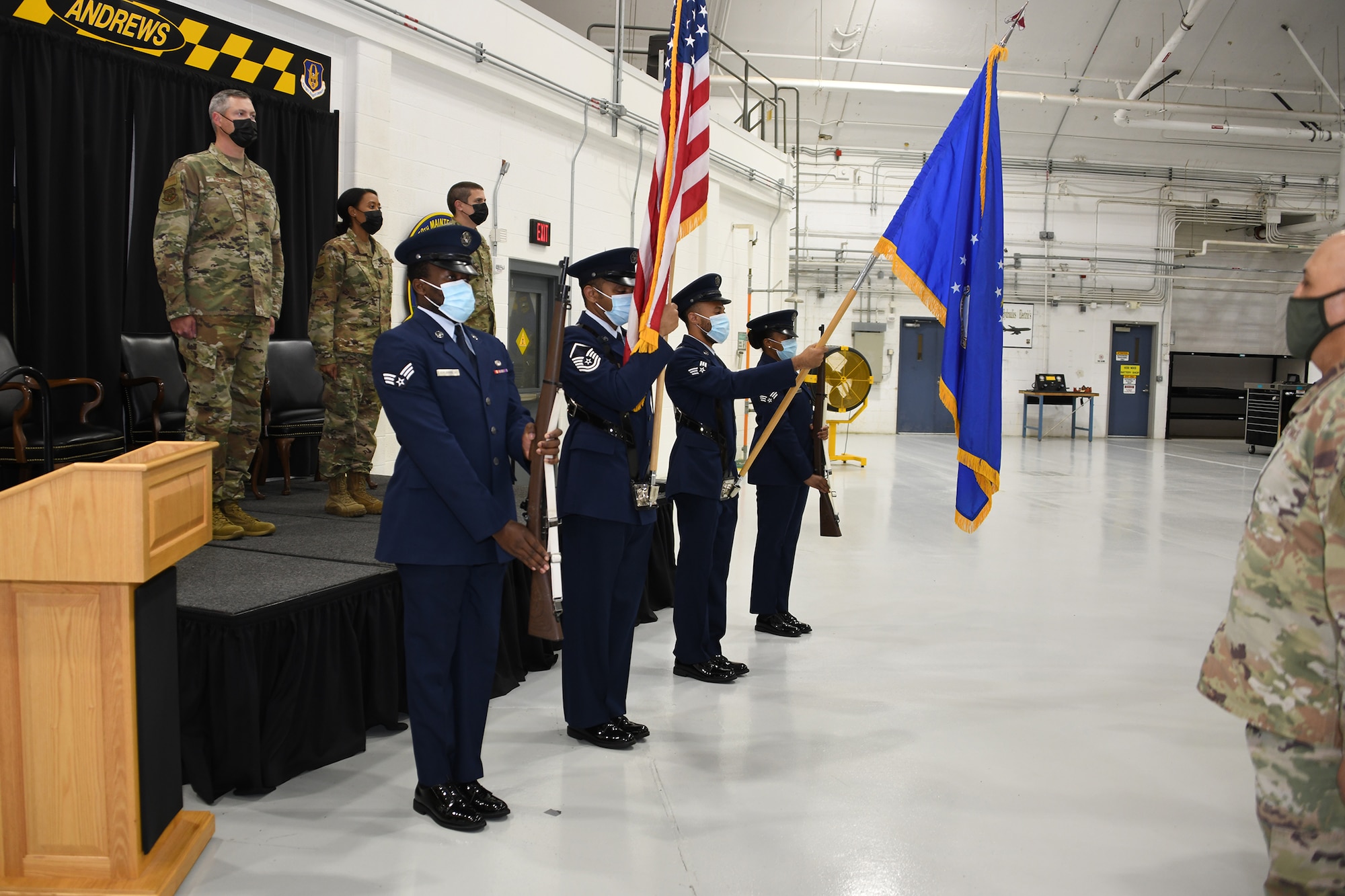 Members of the 459th Air Refueling Wing Honor Guard present the colors at a change of command ceremony, October 3, 2020, at Joint Base Andrews, Md. The wing’s honor guard supports changes of command, commander calls, retirement ceremonies and more. (U.S. Air Force photo by SrA Andreaa Phillips)