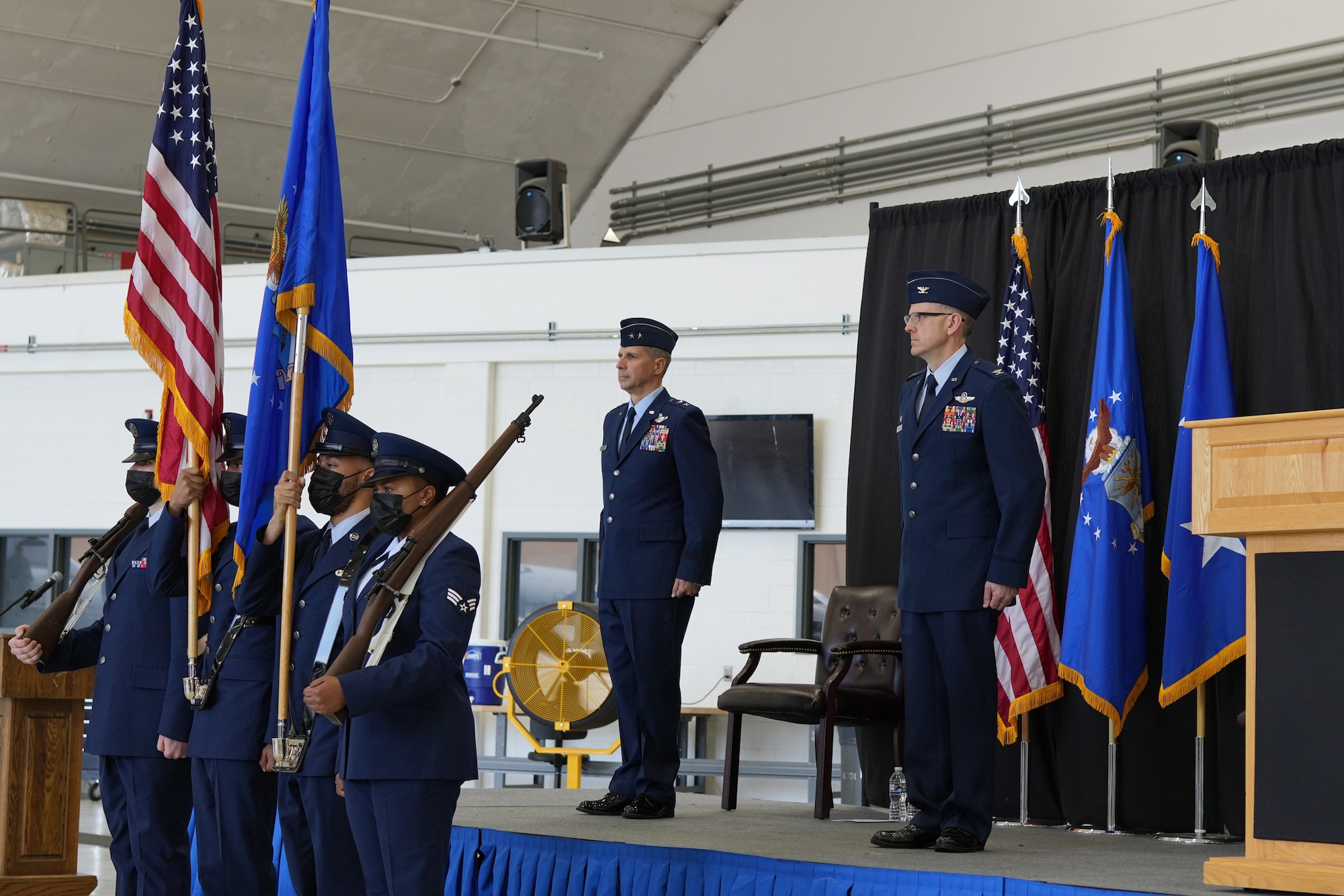 Members of the 459th Air Refueling Wing Honor Guard present the colors during a change of command ceremony, June 6, 2021, at Joint Base Andrews, Md. The honor guard is currently looking to recruit new Airmen to join its organization. (U.S. Air Force photo by Tech Sgt. Brent Skeen)