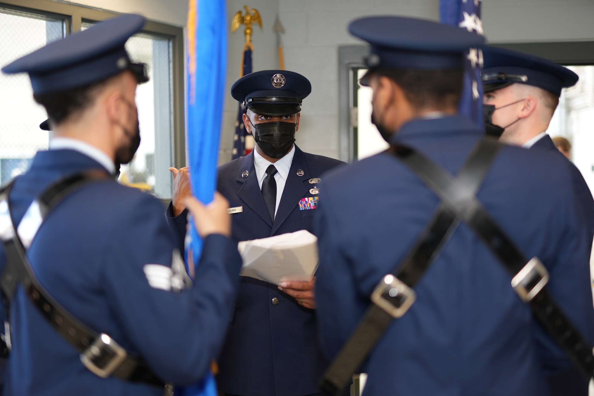 Master Sgt. Michael Glass, 459th Air Refueling Wing Honor Guard NCOIC, briefs detail prior to the presentation of colors, June 6, 2021, at Joint Base Andrew, Md. Glass took charge of the program in 2019 and is looking to recruit new Airmen. (U.S. Air Force photo by Tech Sgt. Brent Skeen)