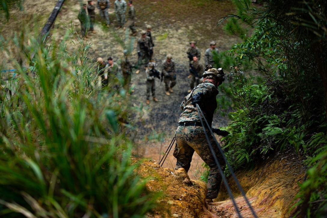 U.S. Marine Corps Cpl. Bradley Wagner, a rifleman with 1st Battalion, 3rd Marines, conducts a hasty rappel during the 3rd Marine Division Squad Competition at the Jungle Warfare Training Center on Camp Gonsalves, Okinawa, Japan, Jan. 5, 2022. The week-long competition tests jungle survival skills, basic infantry tactics, and excellence in weapons handling. The competition participants are forward-deployed in the Indo-Pacific under 4th Marines, 3rd Marine Division, as a part of the Unit Deployment Program. Wagner is a native of St. Louis, Missouri.