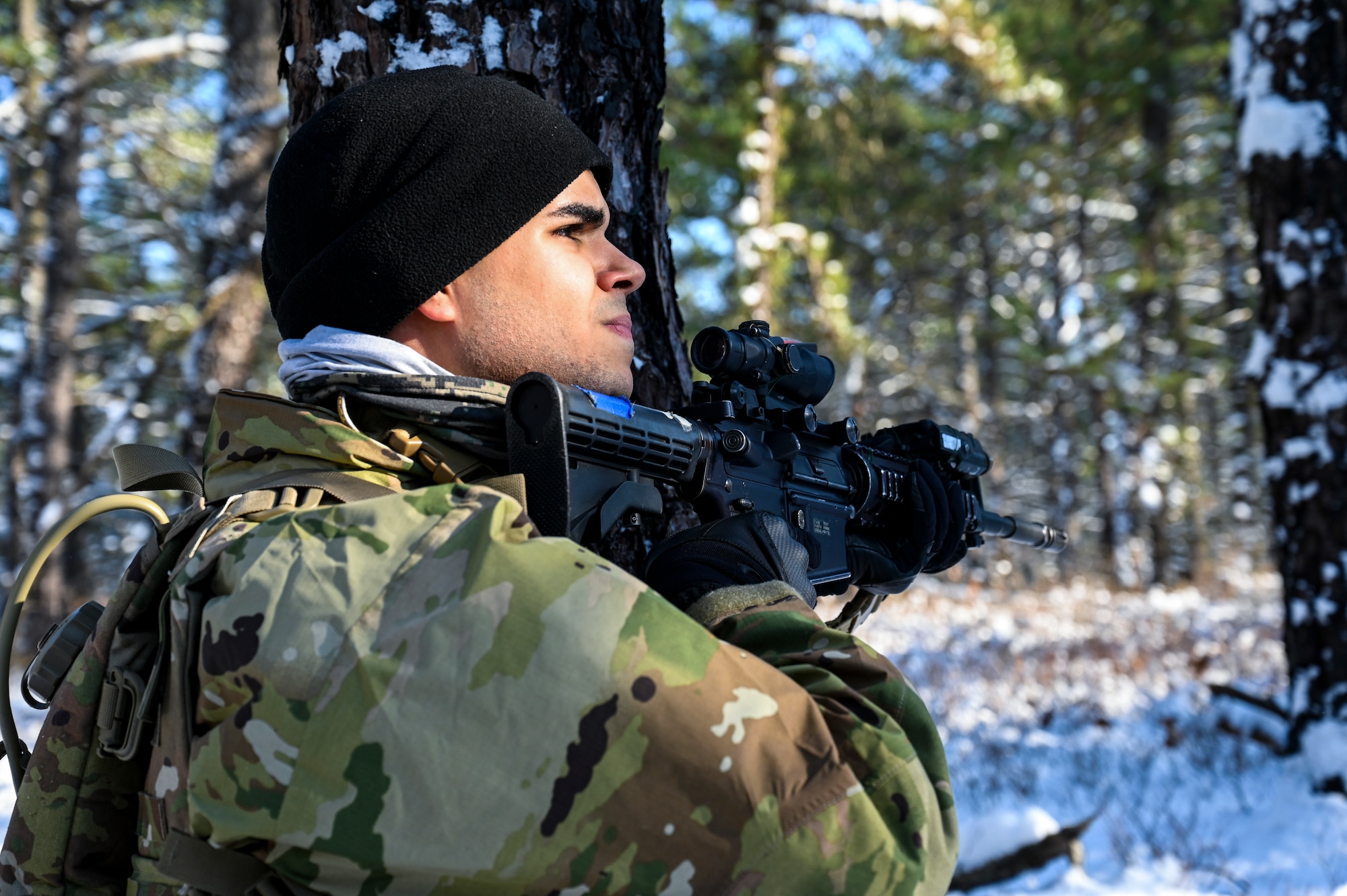 U.S. Army Spc. Hector Rodriguez, Third Platoon, Blackfoot Company, 111th Infantry Regiment, Infantryman, poses for a photo with an M4 carbine assault rifle on Jan. 7, 2022, at Joint Base McGuire-Dix-Lakehurst, N.J. Using a training range on Army Support Activity Dix, Soldiers conducted Situational Training Exercise Lanes (STX Lanes) and other contact drill training exercises to enhance combat readiness. STX Lanes are designed to simulate a search and attack before initial contact is made with the enemy, where moving undetected is critical to a favorable engagement. The 111th Infantry Regiment has Colonial roots in the American Revolution and was founded by Benjamin Franklin on Nov. 21, 1747. It is Pennsylvania’s oldest regiment and often assisted George Washington and the Continental Army alongside the Delaware River.