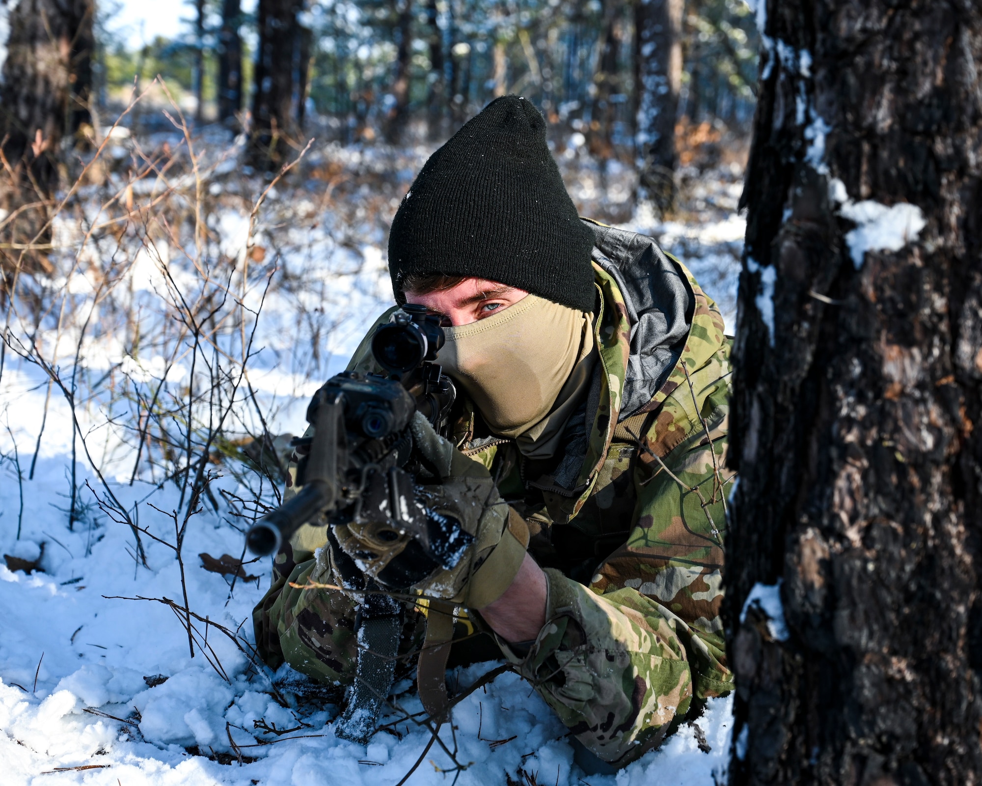 U.S. Army Spc. Jackson Garret, Third Platoon, Blackfoot Company, 111th Infantry Regiment, Infantryman, poses for a photo with an M4 carbine assault rifle on Jan. 7, 2022, at Joint Base McGuire-Dix-Lakehurst, N.J. Using a training range on Army Support Activity Dix, Soldiers conducted Situational Training Exercise Lanes (STX Lanes) and other contact drill training exercises to enhance combat readiness. STX Lanes are designed to simulate a search and attack before initial contact is made with the enemy, where moving undetected is critical to a favorable engagement. The 111th Infantry Regiment has Colonial roots in the American Revolution and was founded by Benjamin Franklin on Nov. 21, 1747. It is Pennsylvania’s oldest regiment and often assisted George Washington and the Continental Army alongside the Delaware River.