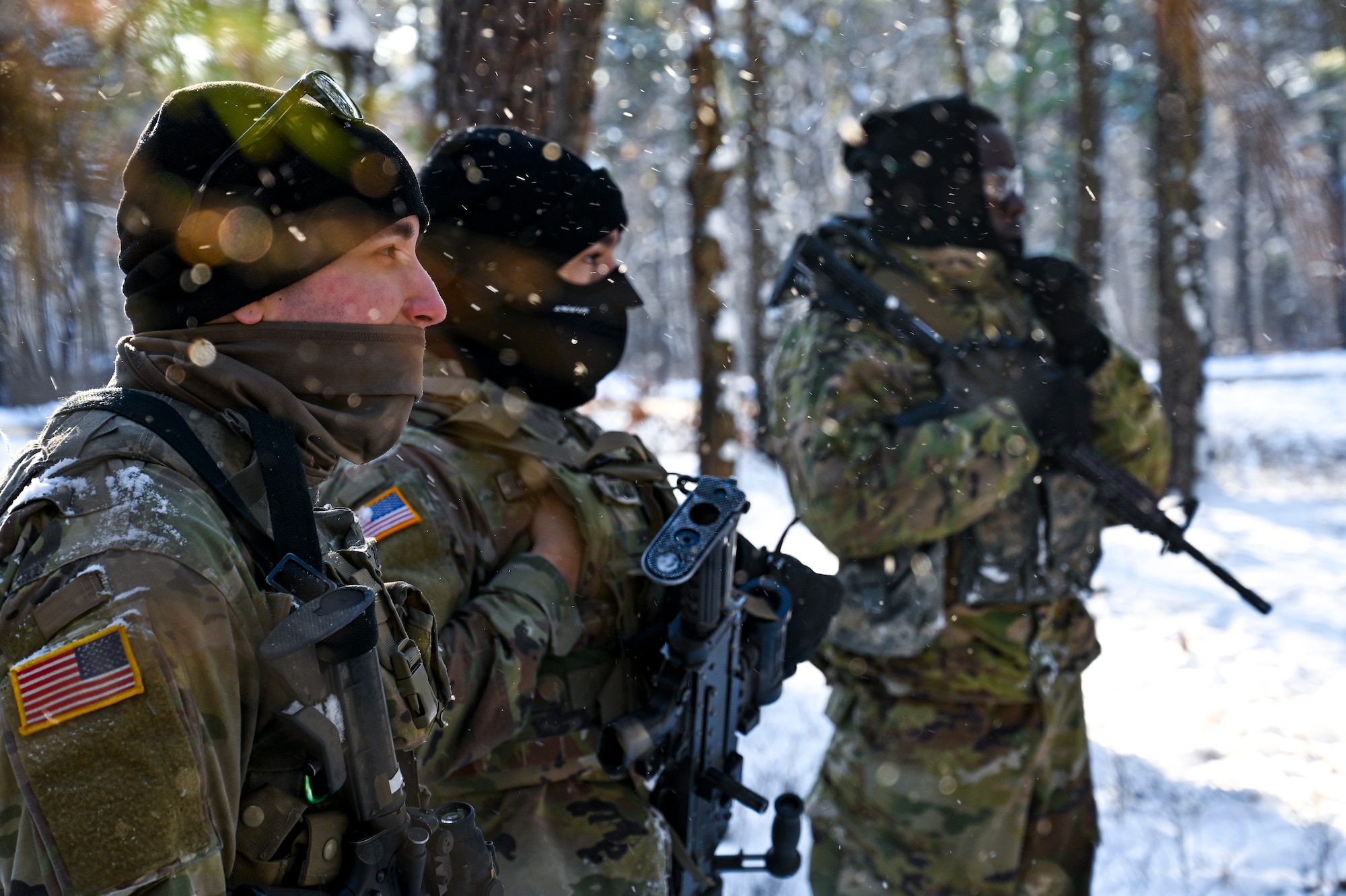 U.S. Army Infantrymen with Third Platoon, Blackfoot Company, 111th Infantry Regiment, pose for a photo holding M4 carbine assault rifles on Jan. 7, 2022, at Joint Base McGuire-Dix-Lakehurst, N.J. Using a training range on Army Support Activity Dix, Soldiers conducted Situational Training Exercise Lanes (STX Lanes) and other contact drill training exercises to enhance combat readiness. STX Lanes are designed to simulate a search and attack before initial contact is made with the enemy, where moving undetected is critical to a favorable engagement. The 111th Infantry Regiment has Colonial roots in the American Revolution and was founded by Benjamin Franklin on Nov. 21, 1747. It is Pennsylvania’s oldest regiment and often assisted George Washington and the Continental Army alongside the Delaware River.