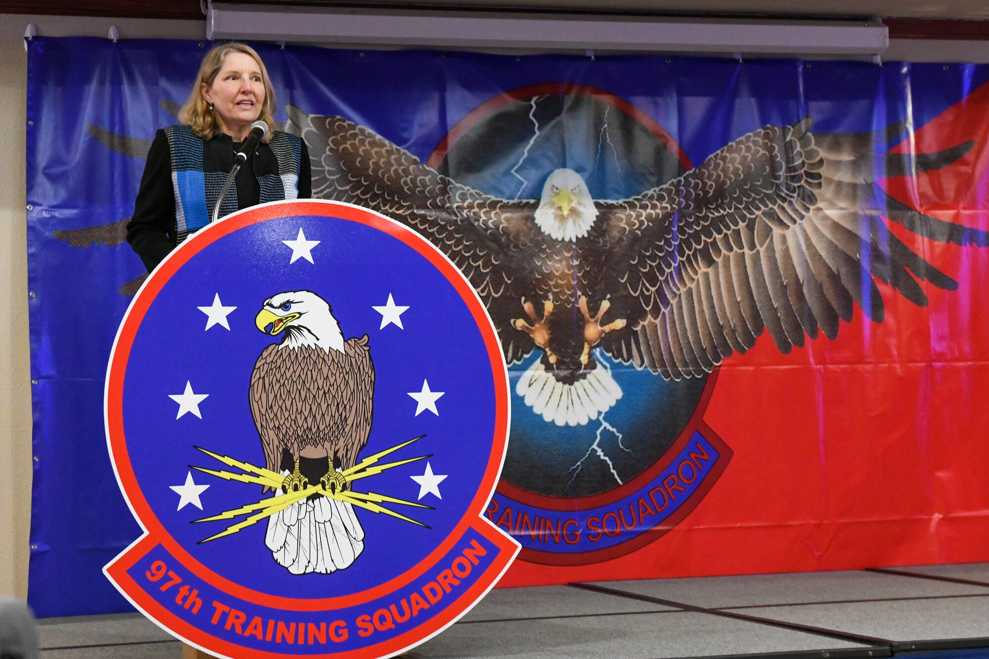 U.S. Air Force Lt. Gen. (Ret.) Michelle Johnson gives her keynote speech at the 97th Training Squadron 20th operations anniversary celebration on Altus Air Force Base, Oklahoma, Jan. 7, 2022. During her speech, Johnson spoke about her many jobs and experiences throughout her military career, as well as her time as NBA Senior Vice President and Head of Referee Operations. (U.S. Air Force photo by Airman 1st Class Trenton Jancze)