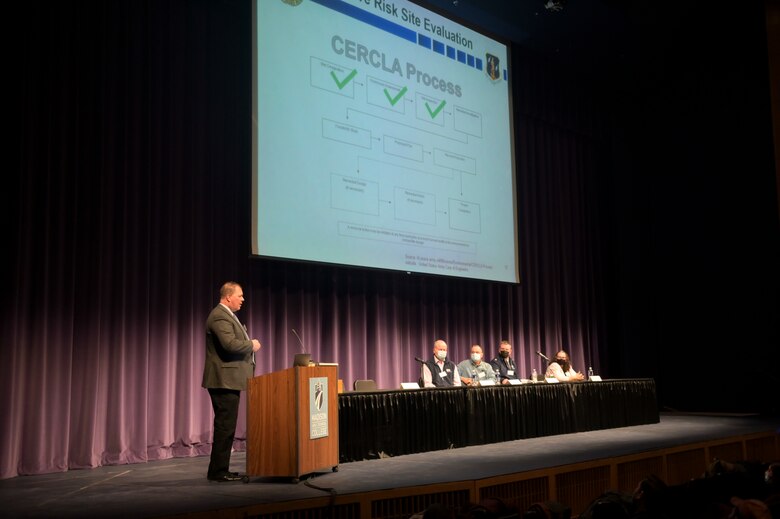 Bill Myer, an environmental restoration program manager for the National Guard Bureau, provides the general public with an overview of the upcoming scheduled remedial investigation Jan. 11, 2022 at Madison College's Mitby Theater in Madison, Wisconsin. Representatives from the 115th Fighter Wing and Dane County Regional Airport were also be available to address audience questions in regards to PFAS. (U.S. Air National Guard photo by Staff Sgt. Cameron Lewis)