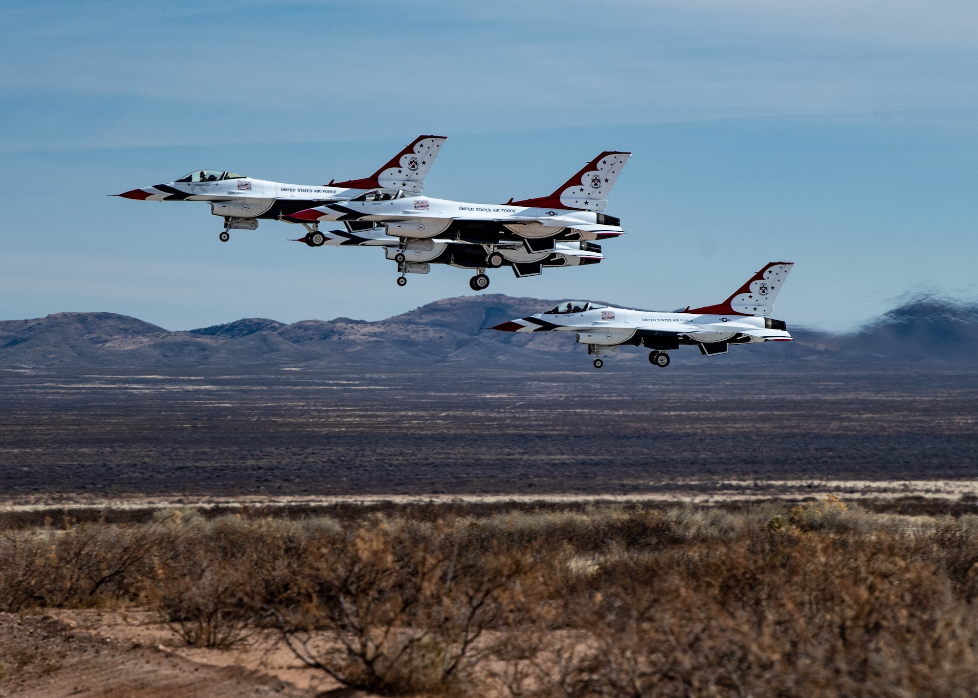 "Thunderbirds" takeoff for their first flight during this year's winter training trip January 11, 2022 at Spaceport America