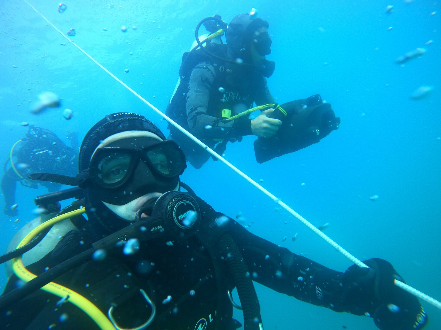 Divers from Cypriot Underwater Demolition Team (MYK) and Underwater Construction Team One descend on a simulated search target after identifying the target with a surface towed side scan sonar system. U.S. Sixth Fleet, headquartered in Naples, Italy, conducts the full spectrum of joint and naval operations, often in concert with allied and interagency partners, in order to advance U.S. national interests and security and stability in Europe and Africa.