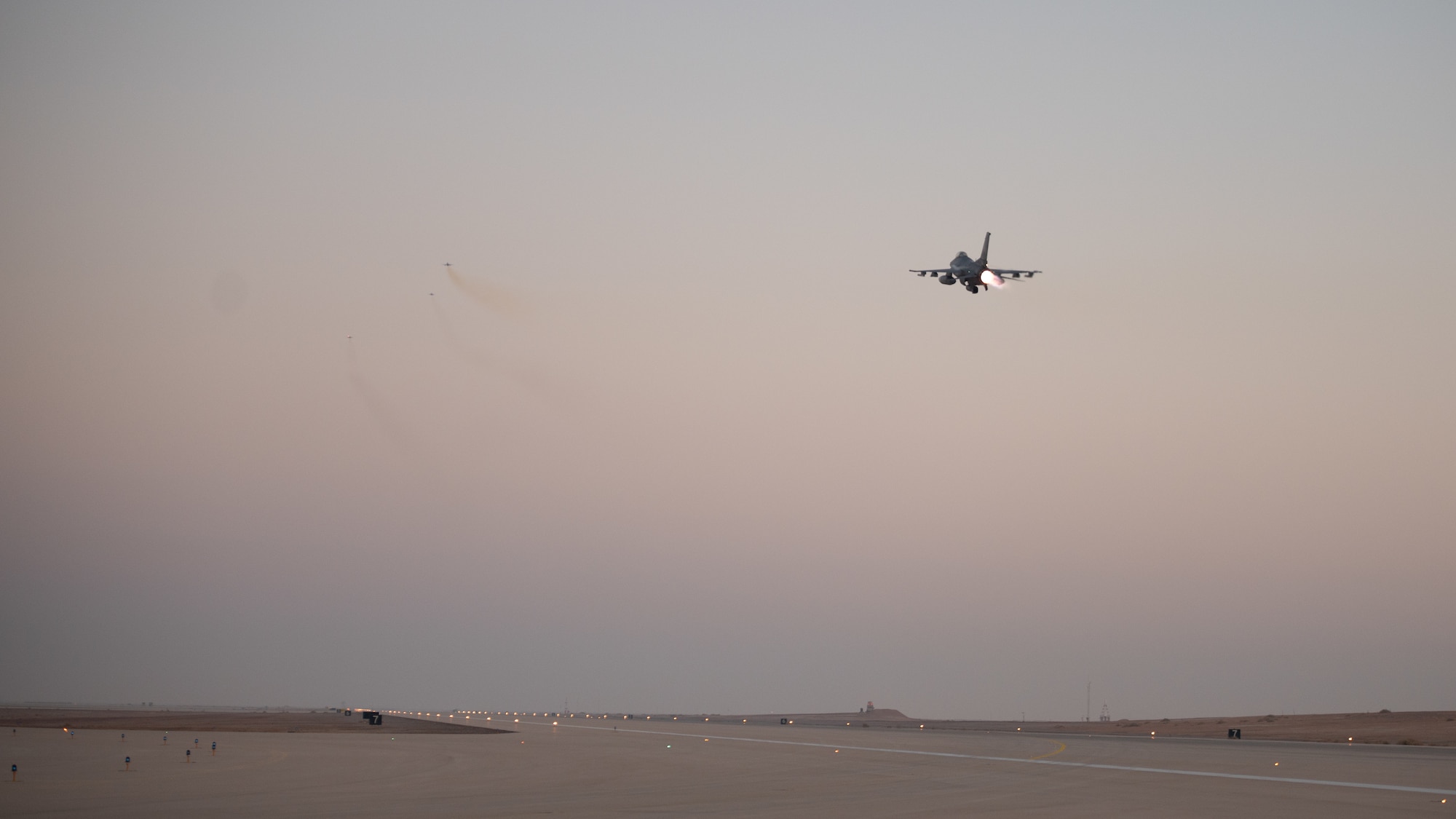 U.S. Air Force F-16 Fighting Falcons takes off from Prince Sultan Air Base, Kingdom of Saudi Arabia, Jan. 4, 2022, in support of a joint training mission with additional U.S. Air Force and U.S. Marine Corps aircraft, to include the E-11A Battlefield Airborne Communications Node (BACN) and F/A-18 Hornets. Complex missions such as these increase aircrew’s abilities across the U.S. Central Command’s area of responsibility, ultimately strengthening the lethality of the total force. (U.S. Air Force photo by Senior Airman Jacob B. Wrightsman)